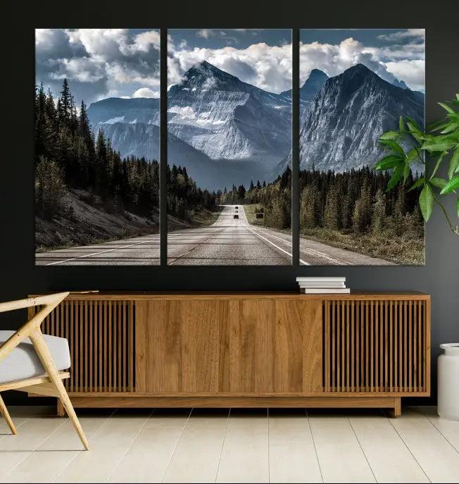 The Rocky Mountain Road Trip Wall Art Canvas, a 3-panel large scenic landscape featuring mountains, elegantly hangs to create an inviting and serene atmosphere.