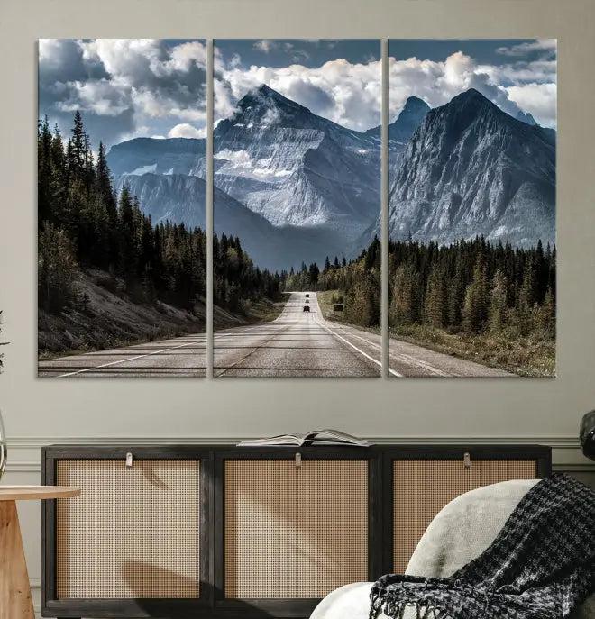 The Rocky Mountain Road Trip Wall Art Canvas, a 3-panel large scenic landscape featuring mountains, elegantly hangs to create an inviting and serene atmosphere.