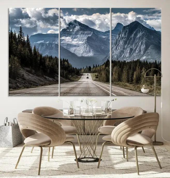 The Rocky Mountain Road Trip Wall Art Canvas, a 3-panel large scenic landscape featuring mountains, elegantly hangs to create an inviting and serene atmosphere.