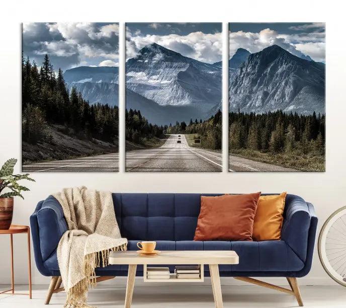 The Rocky Mountain Road Trip Wall Art Canvas, a 3-panel large scenic landscape featuring mountains, elegantly hangs to create an inviting and serene atmosphere.