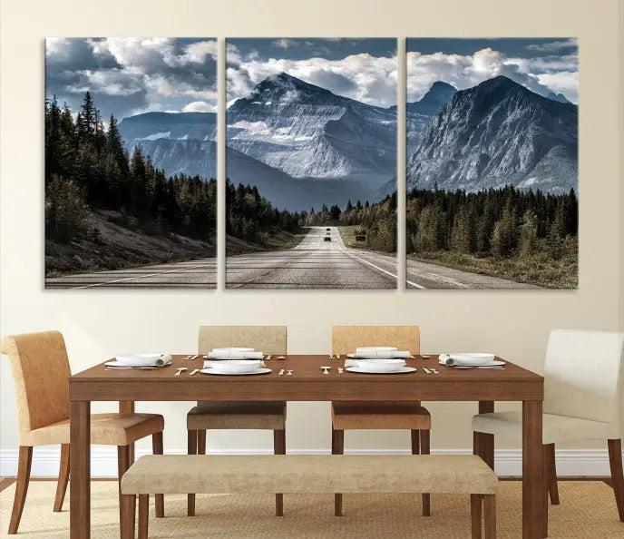 The Rocky Mountain Road Trip Wall Art Canvas, a 3-panel large scenic landscape featuring mountains, elegantly hangs to create an inviting and serene atmosphere.