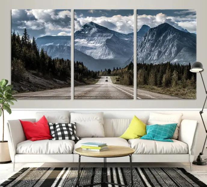 The Rocky Mountain Road Trip Wall Art Canvas, a 3-panel large scenic landscape featuring mountains, elegantly hangs to create an inviting and serene atmosphere.