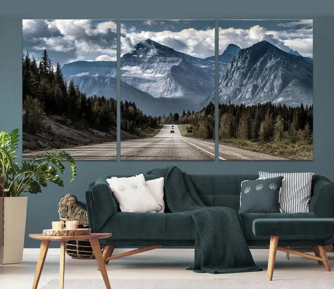 The Rocky Mountain Road Trip Wall Art Canvas, a 3-panel large scenic landscape featuring mountains, elegantly hangs to create an inviting and serene atmosphere.