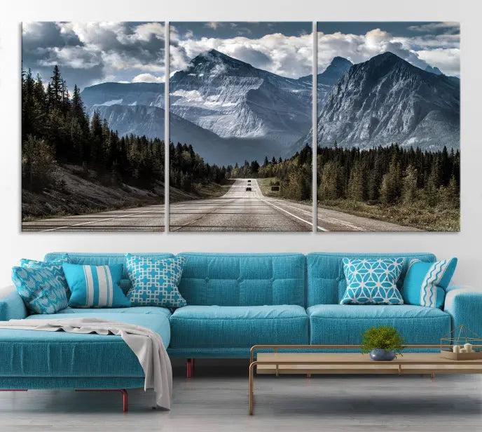 The Rocky Mountain Road Trip Wall Art Canvas, a 3-panel large scenic landscape featuring mountains, elegantly hangs to create an inviting and serene atmosphere.