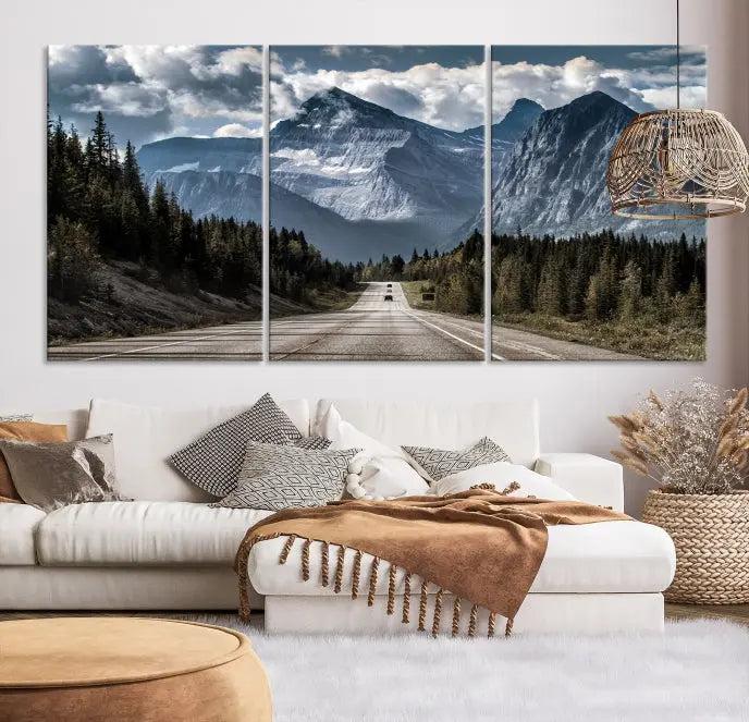 The Rocky Mountain Road Trip Wall Art Canvas, a 3-panel large scenic landscape featuring mountains, elegantly hangs to create an inviting and serene atmosphere.