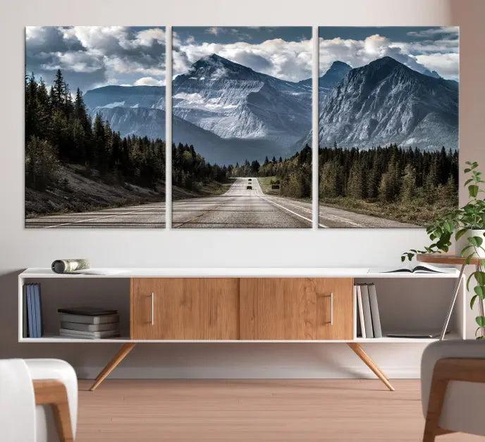 The Rocky Mountain Road Trip Wall Art Canvas, a 3-panel large scenic landscape featuring mountains, elegantly hangs to create an inviting and serene atmosphere.