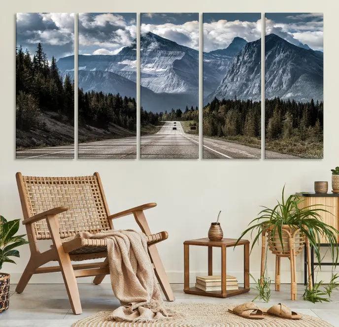 The Rocky Mountain Road Trip Wall Art Canvas, a 3-panel large scenic landscape featuring mountains, elegantly hangs to create an inviting and serene atmosphere.