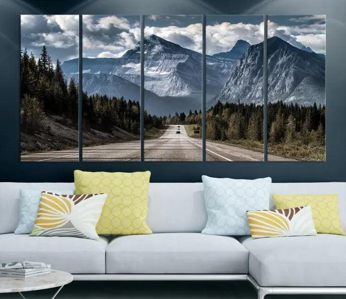 The Rocky Mountain Road Trip Wall Art Canvas, a 3-panel large scenic landscape featuring mountains, elegantly hangs to create an inviting and serene atmosphere.