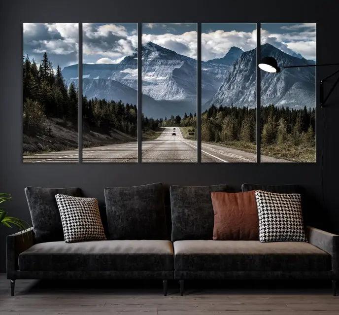 The Rocky Mountain Road Trip Wall Art Canvas, a 3-panel large scenic landscape featuring mountains, elegantly hangs to create an inviting and serene atmosphere.