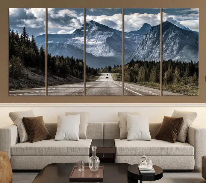 The Rocky Mountain Road Trip Wall Art Canvas, a 3-panel large scenic landscape featuring mountains, elegantly hangs to create an inviting and serene atmosphere.