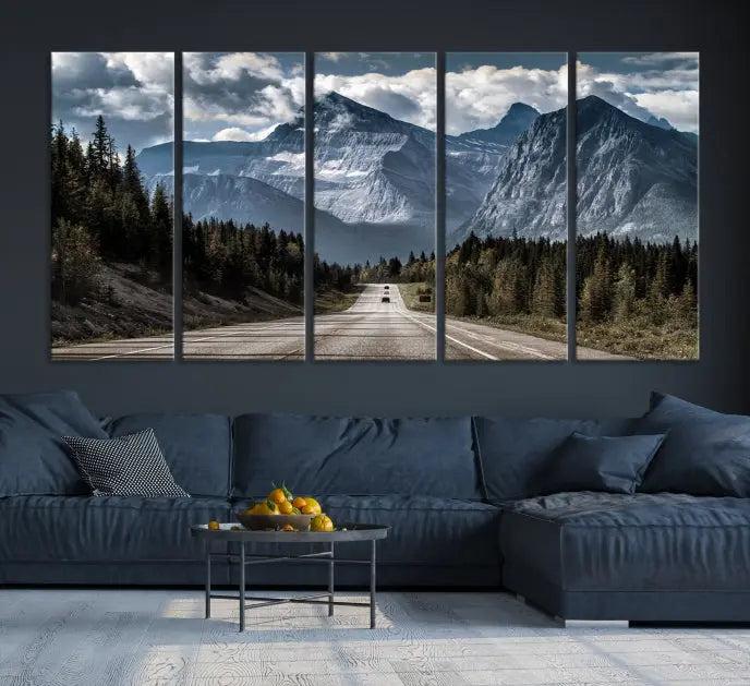 The Rocky Mountain Road Trip Wall Art Canvas, a 3-panel large scenic landscape featuring mountains, elegantly hangs to create an inviting and serene atmosphere.