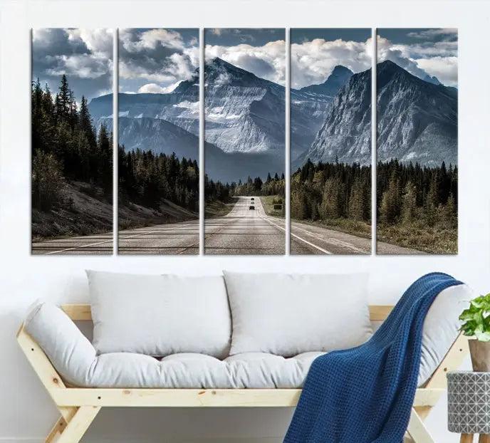 The Rocky Mountain Road Trip Wall Art Canvas, a 3-panel large scenic landscape featuring mountains, elegantly hangs to create an inviting and serene atmosphere.