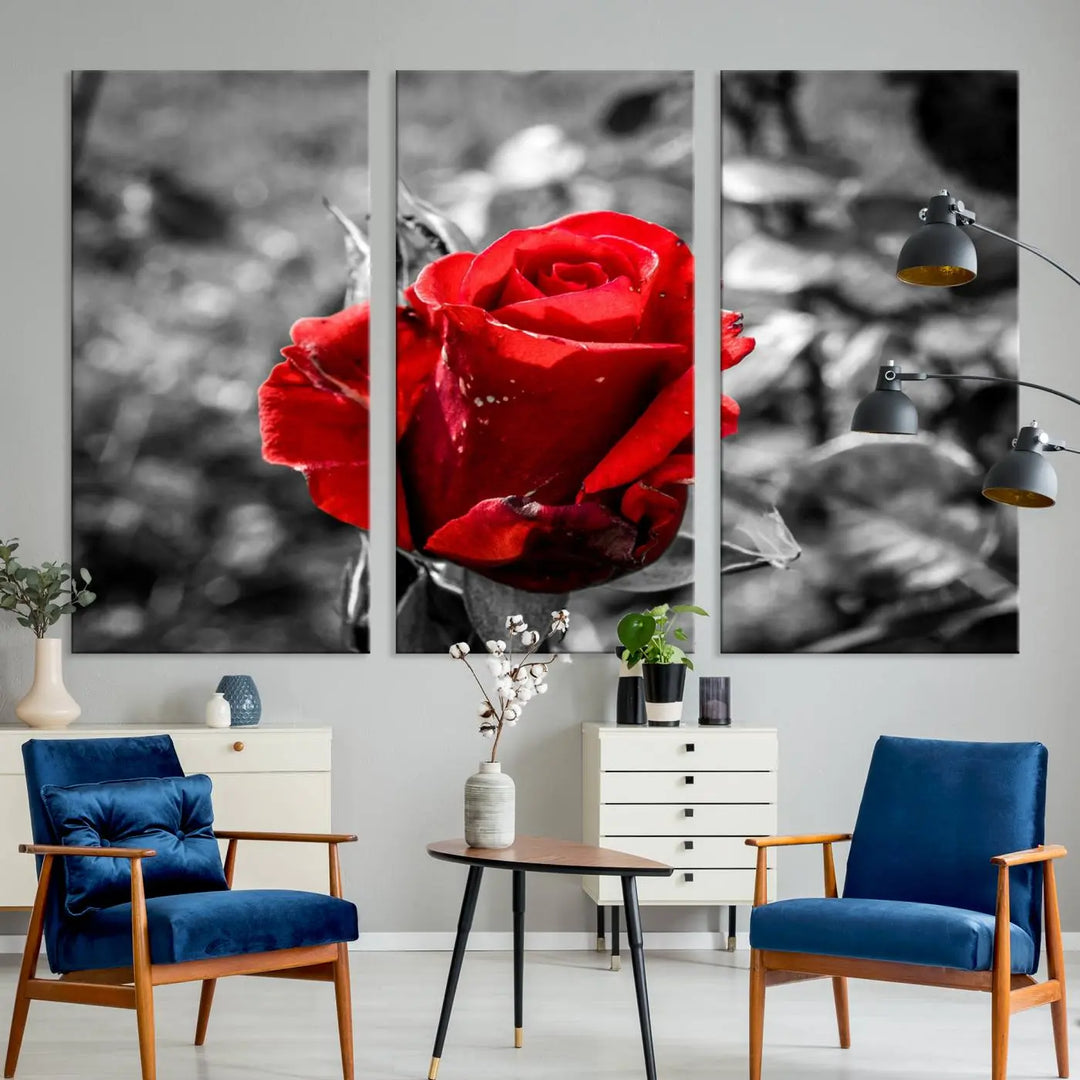 The living room boasts the exquisite Rose Canvas Wall Art—a three-panel masterpiece showcasing a red rose against a black and white background. This artwork is created on museum-quality canvas and finished with a UV-protective coating, ensuring lasting vibrancy in every professionally crafted piece.