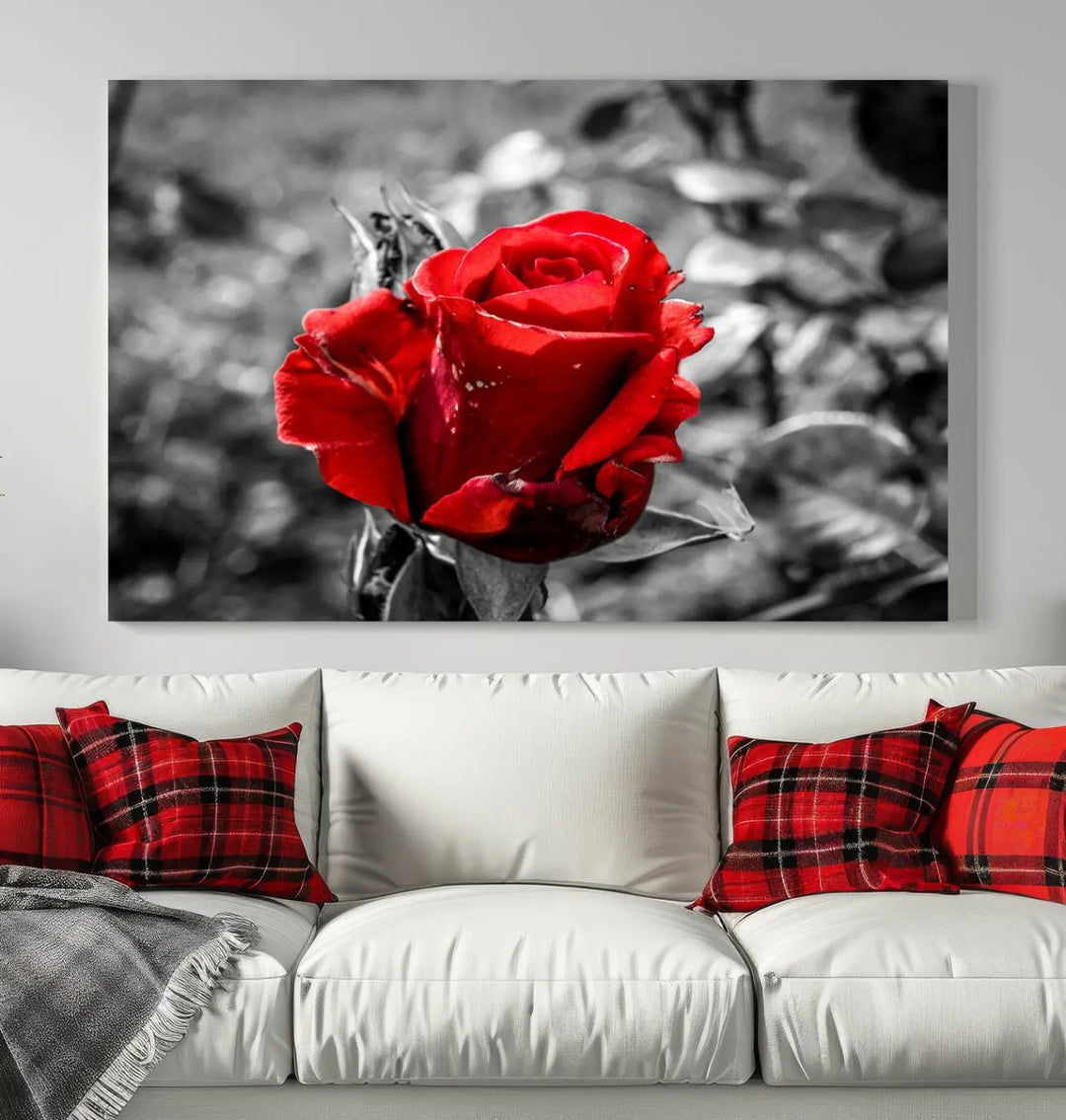 The living room boasts the exquisite Rose Canvas Wall Art—a three-panel masterpiece showcasing a red rose against a black and white background. This artwork is created on museum-quality canvas and finished with a UV-protective coating, ensuring lasting vibrancy in every professionally crafted piece.