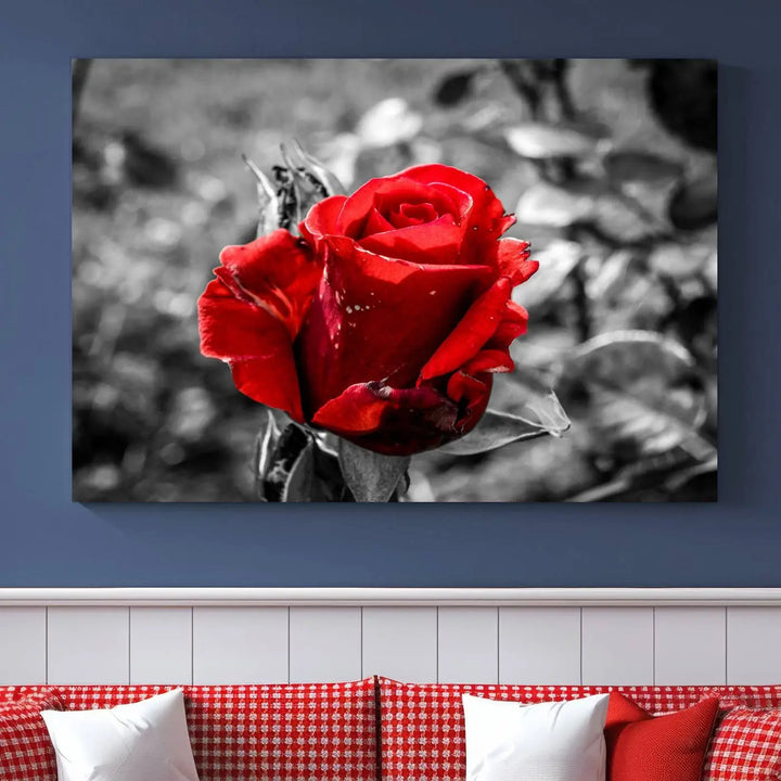 The living room boasts the exquisite Rose Canvas Wall Art—a three-panel masterpiece showcasing a red rose against a black and white background. This artwork is created on museum-quality canvas and finished with a UV-protective coating, ensuring lasting vibrancy in every professionally crafted piece.