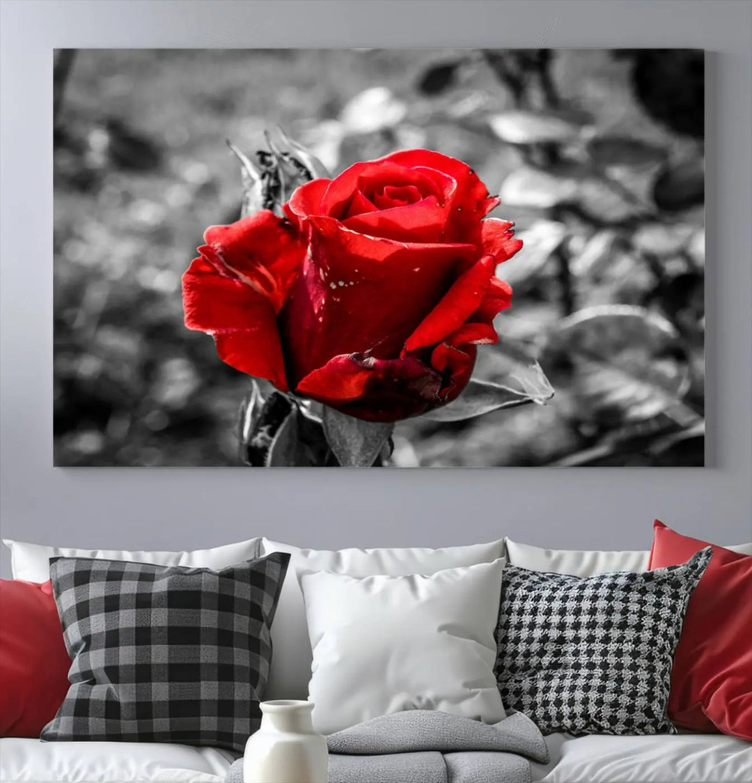 The living room boasts the exquisite Rose Canvas Wall Art—a three-panel masterpiece showcasing a red rose against a black and white background. This artwork is created on museum-quality canvas and finished with a UV-protective coating, ensuring lasting vibrancy in every professionally crafted piece.