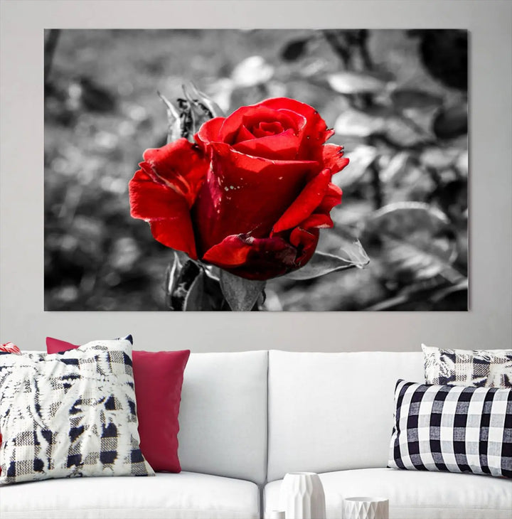 The living room boasts the exquisite Rose Canvas Wall Art—a three-panel masterpiece showcasing a red rose against a black and white background. This artwork is created on museum-quality canvas and finished with a UV-protective coating, ensuring lasting vibrancy in every professionally crafted piece.