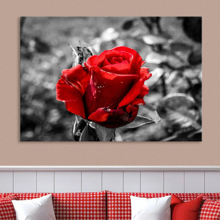 The living room boasts the exquisite Rose Canvas Wall Art—a three-panel masterpiece showcasing a red rose against a black and white background. This artwork is created on museum-quality canvas and finished with a UV-protective coating, ensuring lasting vibrancy in every professionally crafted piece.