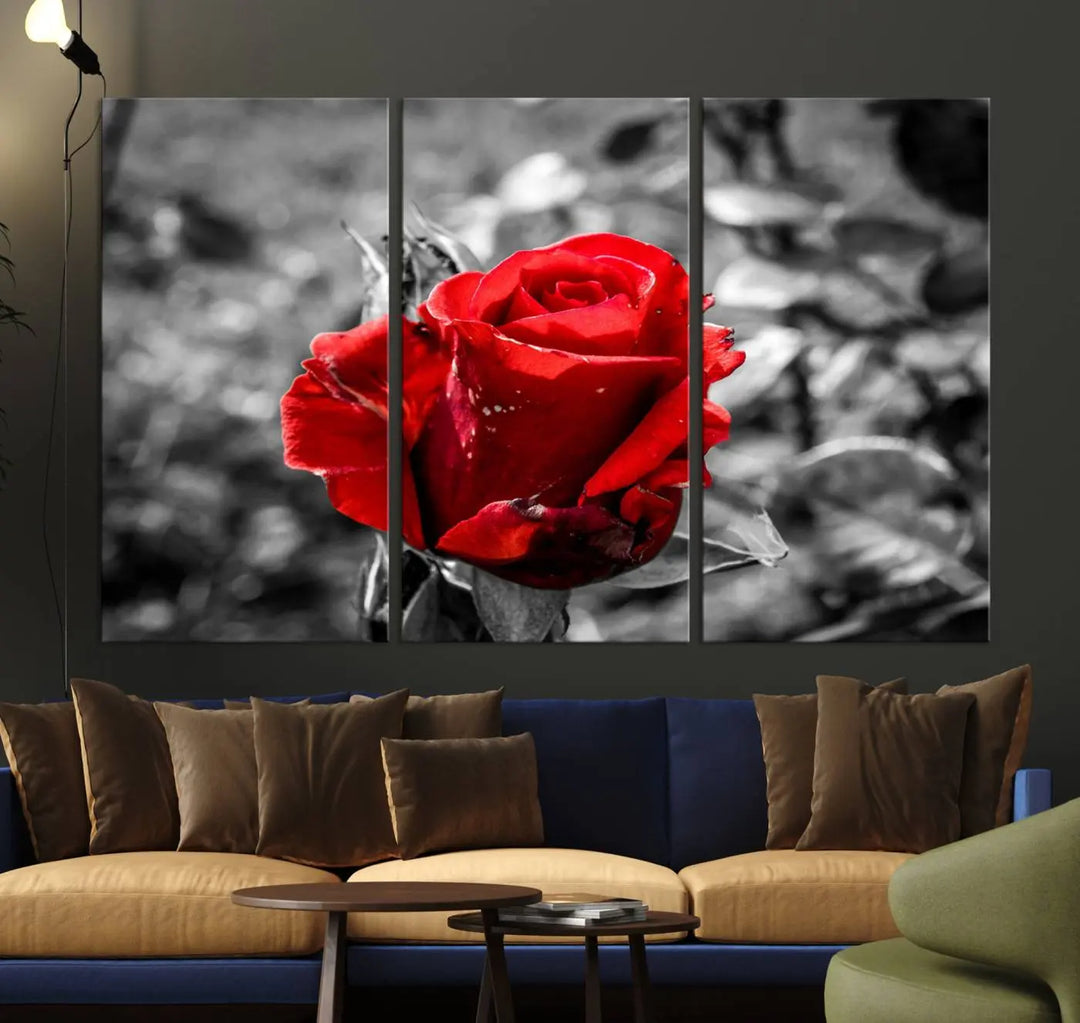 The living room boasts the exquisite Rose Canvas Wall Art—a three-panel masterpiece showcasing a red rose against a black and white background. This artwork is created on museum-quality canvas and finished with a UV-protective coating, ensuring lasting vibrancy in every professionally crafted piece.