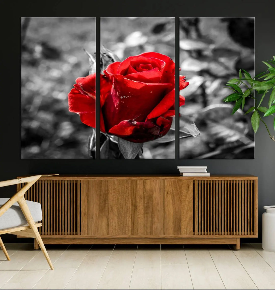 The living room boasts the exquisite Rose Canvas Wall Art—a three-panel masterpiece showcasing a red rose against a black and white background. This artwork is created on museum-quality canvas and finished with a UV-protective coating, ensuring lasting vibrancy in every professionally crafted piece.