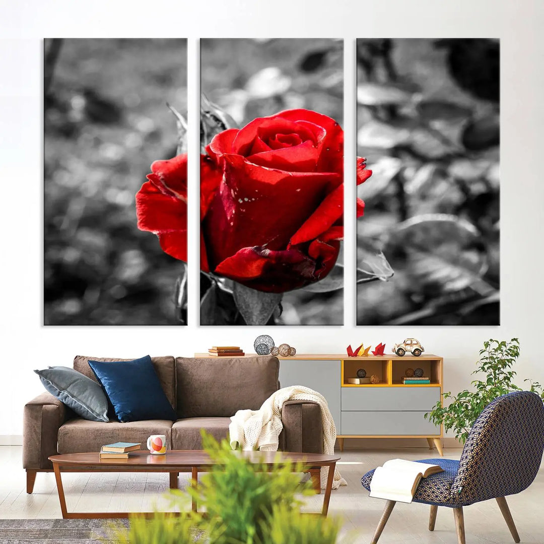 The living room boasts the exquisite Rose Canvas Wall Art—a three-panel masterpiece showcasing a red rose against a black and white background. This artwork is created on museum-quality canvas and finished with a UV-protective coating, ensuring lasting vibrancy in every professionally crafted piece.