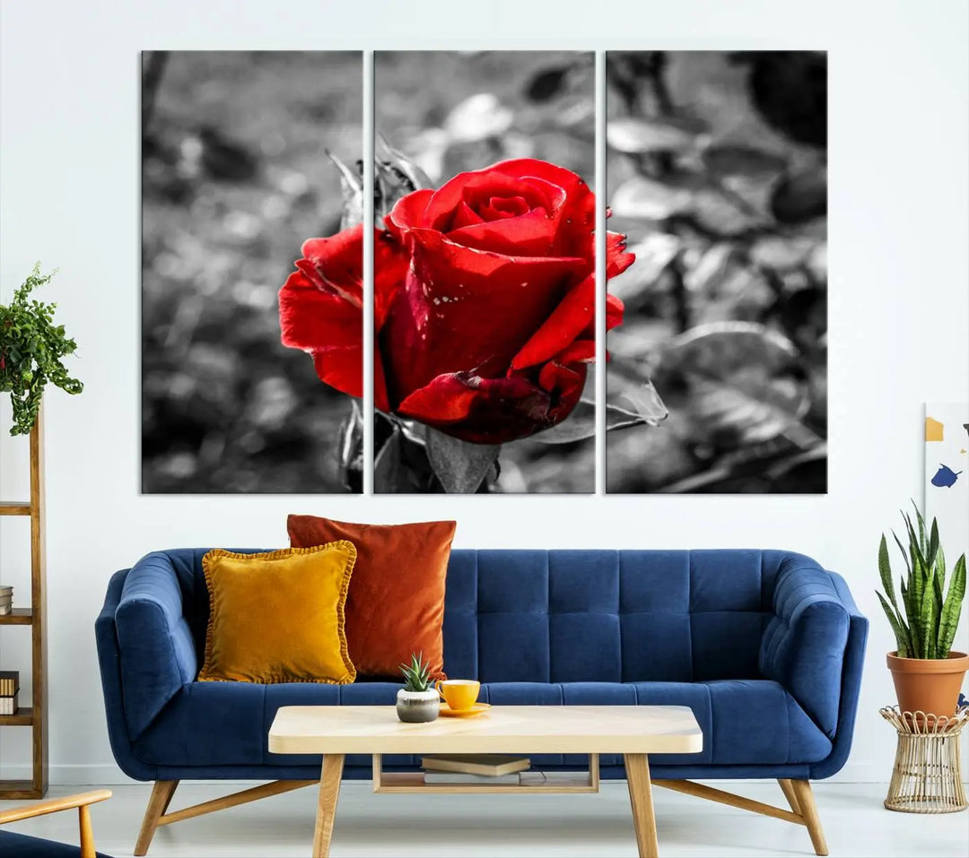 The living room boasts the exquisite Rose Canvas Wall Art—a three-panel masterpiece showcasing a red rose against a black and white background. This artwork is created on museum-quality canvas and finished with a UV-protective coating, ensuring lasting vibrancy in every professionally crafted piece.