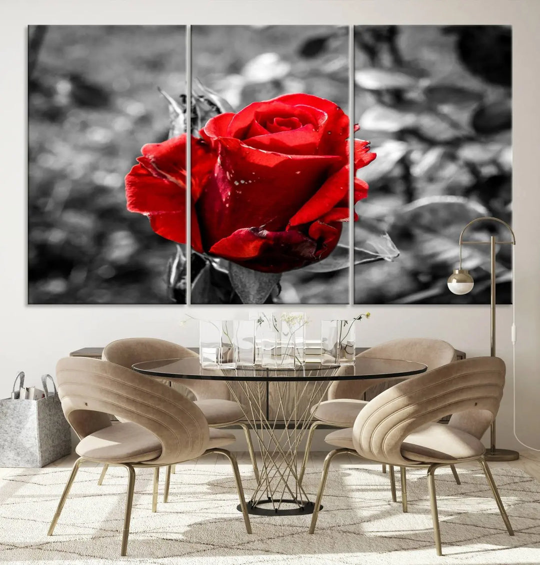 The living room boasts the exquisite Rose Canvas Wall Art—a three-panel masterpiece showcasing a red rose against a black and white background. This artwork is created on museum-quality canvas and finished with a UV-protective coating, ensuring lasting vibrancy in every professionally crafted piece.