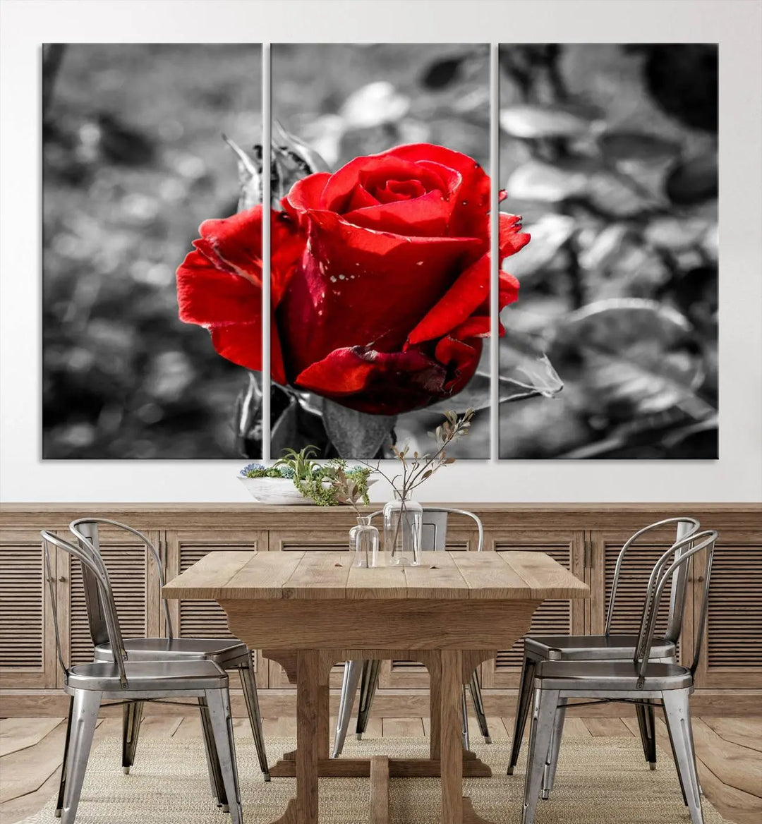 The living room boasts the exquisite Rose Canvas Wall Art—a three-panel masterpiece showcasing a red rose against a black and white background. This artwork is created on museum-quality canvas and finished with a UV-protective coating, ensuring lasting vibrancy in every professionally crafted piece.