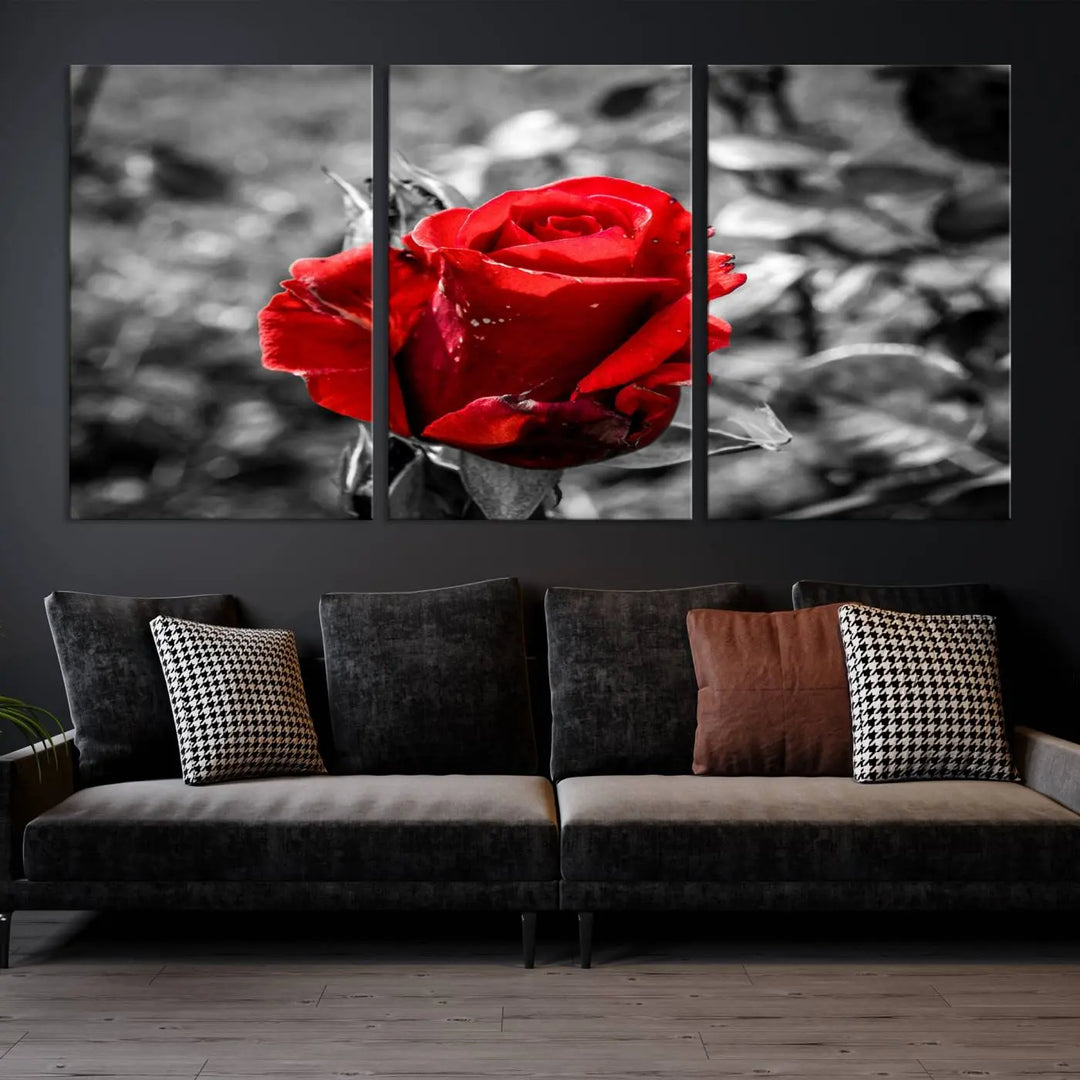 The living room boasts the exquisite Rose Canvas Wall Art—a three-panel masterpiece showcasing a red rose against a black and white background. This artwork is created on museum-quality canvas and finished with a UV-protective coating, ensuring lasting vibrancy in every professionally crafted piece.