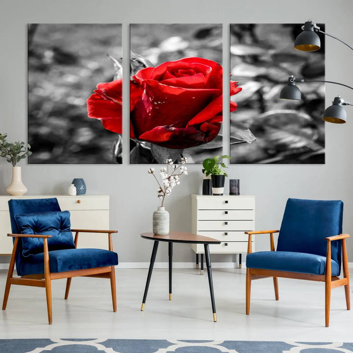 The living room boasts the exquisite Rose Canvas Wall Art—a three-panel masterpiece showcasing a red rose against a black and white background. This artwork is created on museum-quality canvas and finished with a UV-protective coating, ensuring lasting vibrancy in every professionally crafted piece.