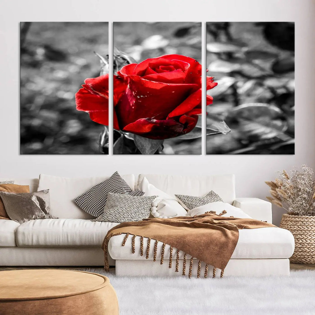 The living room boasts the exquisite Rose Canvas Wall Art—a three-panel masterpiece showcasing a red rose against a black and white background. This artwork is created on museum-quality canvas and finished with a UV-protective coating, ensuring lasting vibrancy in every professionally crafted piece.