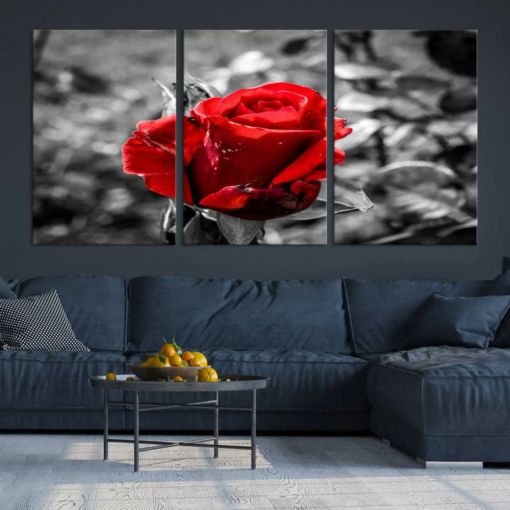 The living room boasts the exquisite Rose Canvas Wall Art—a three-panel masterpiece showcasing a red rose against a black and white background. This artwork is created on museum-quality canvas and finished with a UV-protective coating, ensuring lasting vibrancy in every professionally crafted piece.