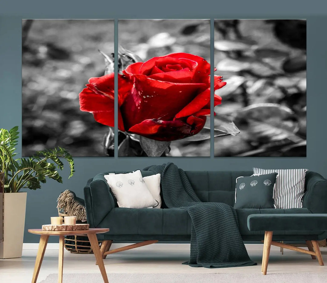 The living room boasts the exquisite Rose Canvas Wall Art—a three-panel masterpiece showcasing a red rose against a black and white background. This artwork is created on museum-quality canvas and finished with a UV-protective coating, ensuring lasting vibrancy in every professionally crafted piece.