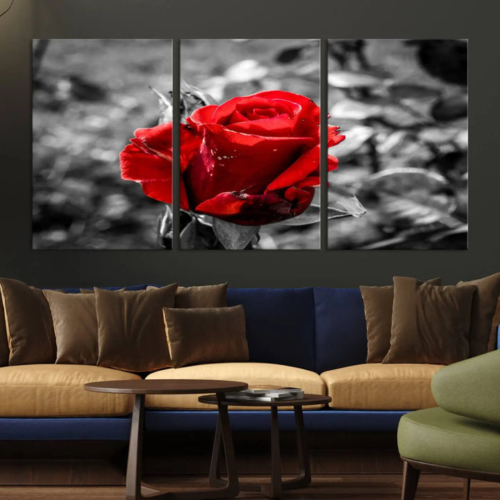 The living room boasts the exquisite Rose Canvas Wall Art—a three-panel masterpiece showcasing a red rose against a black and white background. This artwork is created on museum-quality canvas and finished with a UV-protective coating, ensuring lasting vibrancy in every professionally crafted piece.