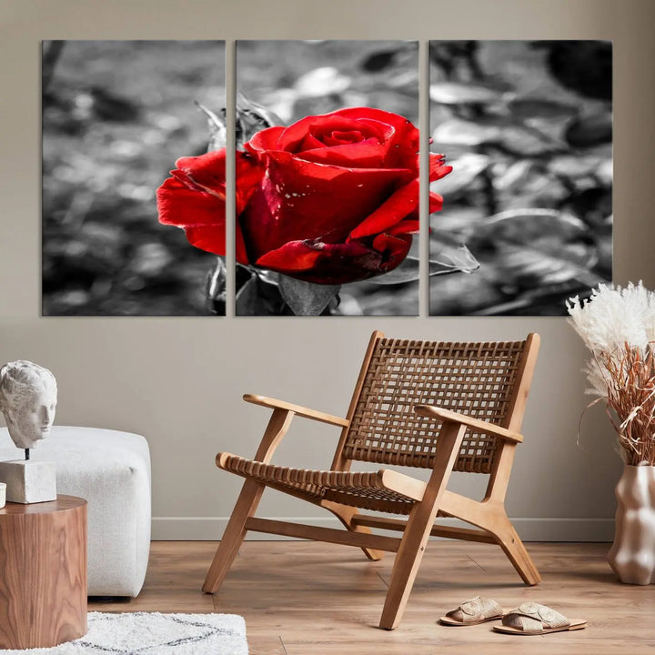 The living room boasts the exquisite Rose Canvas Wall Art—a three-panel masterpiece showcasing a red rose against a black and white background. This artwork is created on museum-quality canvas and finished with a UV-protective coating, ensuring lasting vibrancy in every professionally crafted piece.