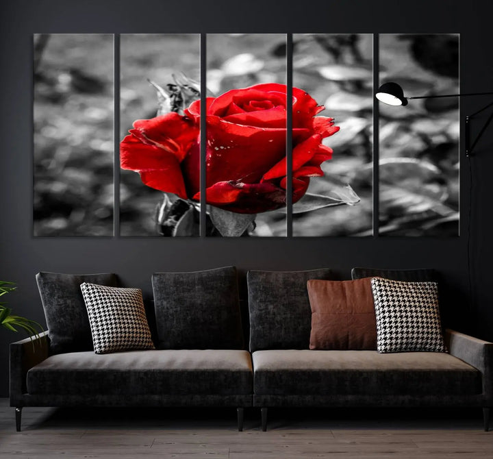 The living room boasts the exquisite Rose Canvas Wall Art—a three-panel masterpiece showcasing a red rose against a black and white background. This artwork is created on museum-quality canvas and finished with a UV-protective coating, ensuring lasting vibrancy in every professionally crafted piece.