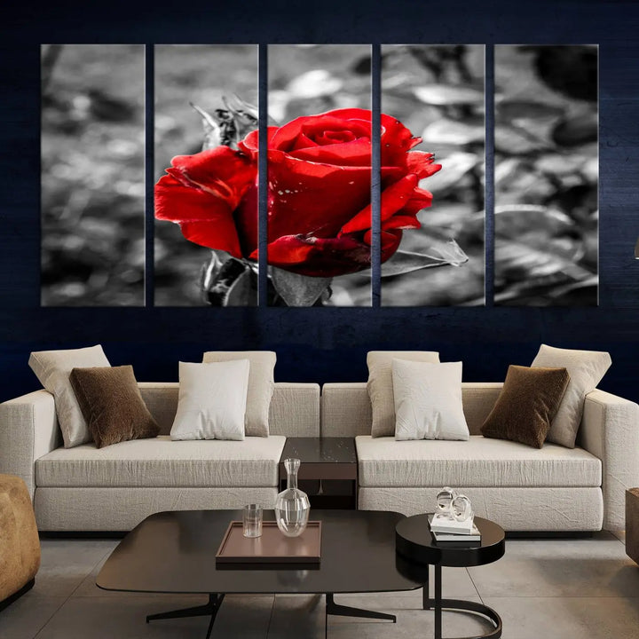 The living room boasts the exquisite Rose Canvas Wall Art—a three-panel masterpiece showcasing a red rose against a black and white background. This artwork is created on museum-quality canvas and finished with a UV-protective coating, ensuring lasting vibrancy in every professionally crafted piece.