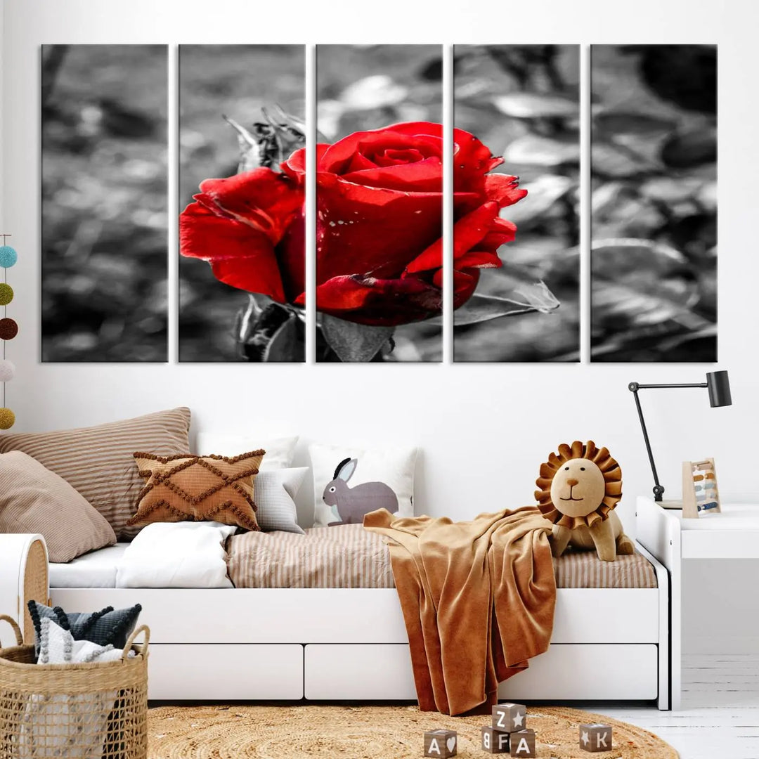 The living room boasts the exquisite Rose Canvas Wall Art—a three-panel masterpiece showcasing a red rose against a black and white background. This artwork is created on museum-quality canvas and finished with a UV-protective coating, ensuring lasting vibrancy in every professionally crafted piece.