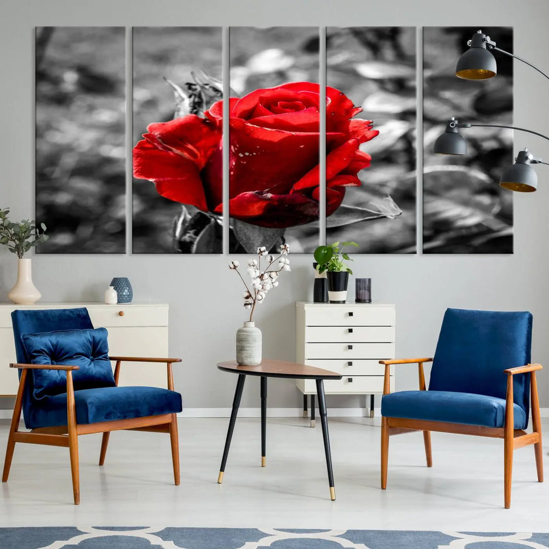 The living room boasts the exquisite Rose Canvas Wall Art—a three-panel masterpiece showcasing a red rose against a black and white background. This artwork is created on museum-quality canvas and finished with a UV-protective coating, ensuring lasting vibrancy in every professionally crafted piece.