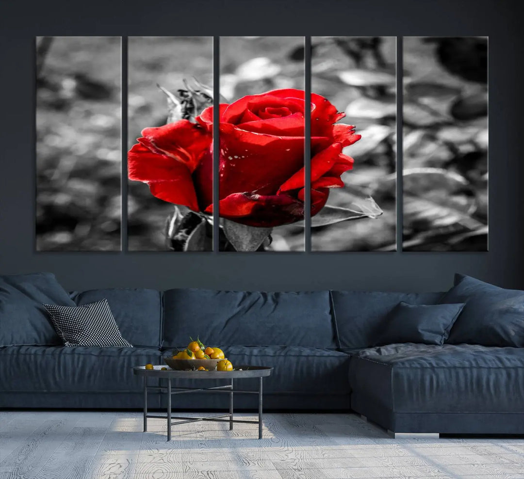 The living room boasts the exquisite Rose Canvas Wall Art—a three-panel masterpiece showcasing a red rose against a black and white background. This artwork is created on museum-quality canvas and finished with a UV-protective coating, ensuring lasting vibrancy in every professionally crafted piece.