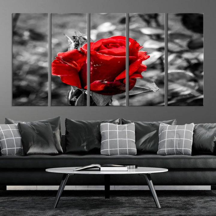 The living room boasts the exquisite Rose Canvas Wall Art—a three-panel masterpiece showcasing a red rose against a black and white background. This artwork is created on museum-quality canvas and finished with a UV-protective coating, ensuring lasting vibrancy in every professionally crafted piece.