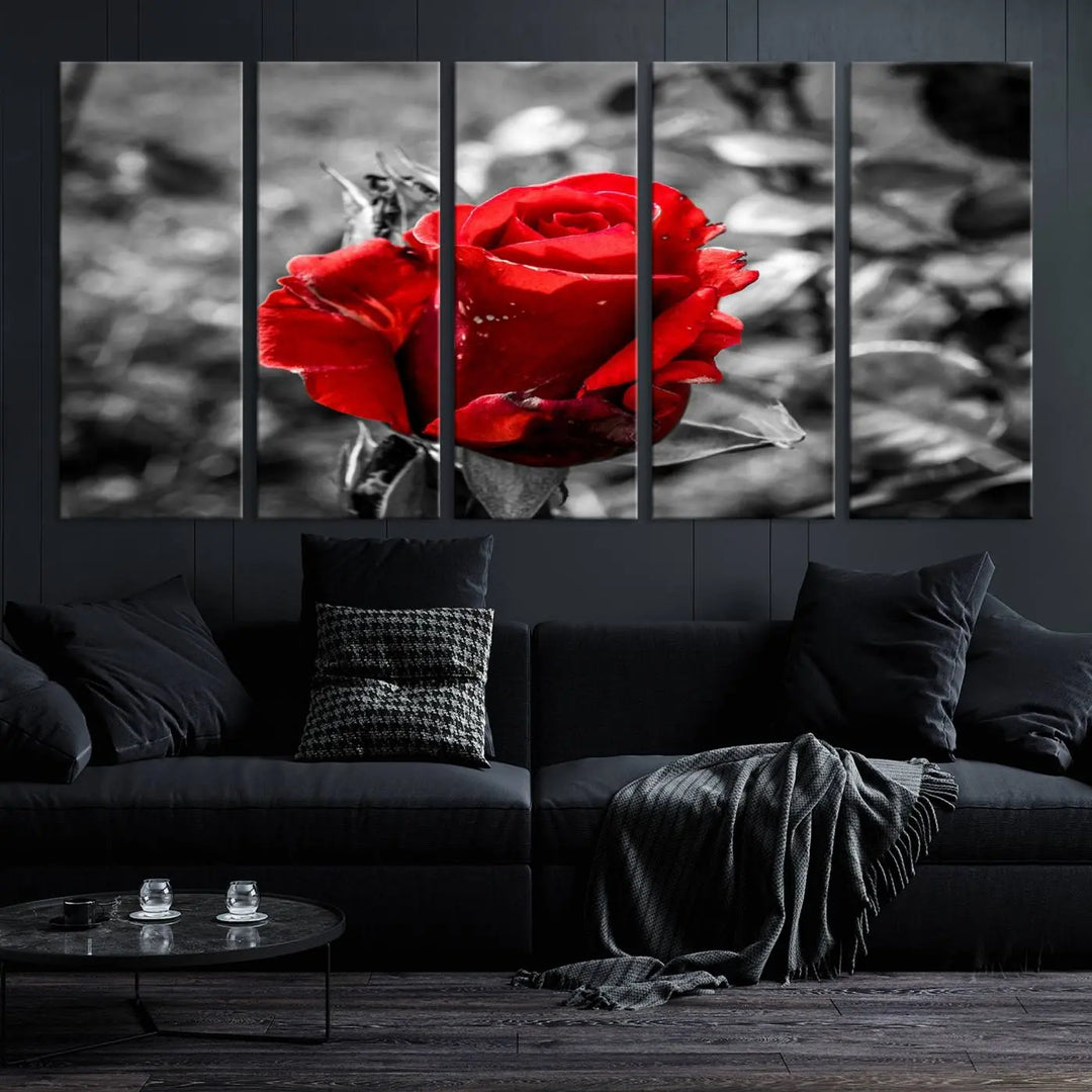 The living room boasts the exquisite Rose Canvas Wall Art—a three-panel masterpiece showcasing a red rose against a black and white background. This artwork is created on museum-quality canvas and finished with a UV-protective coating, ensuring lasting vibrancy in every professionally crafted piece.