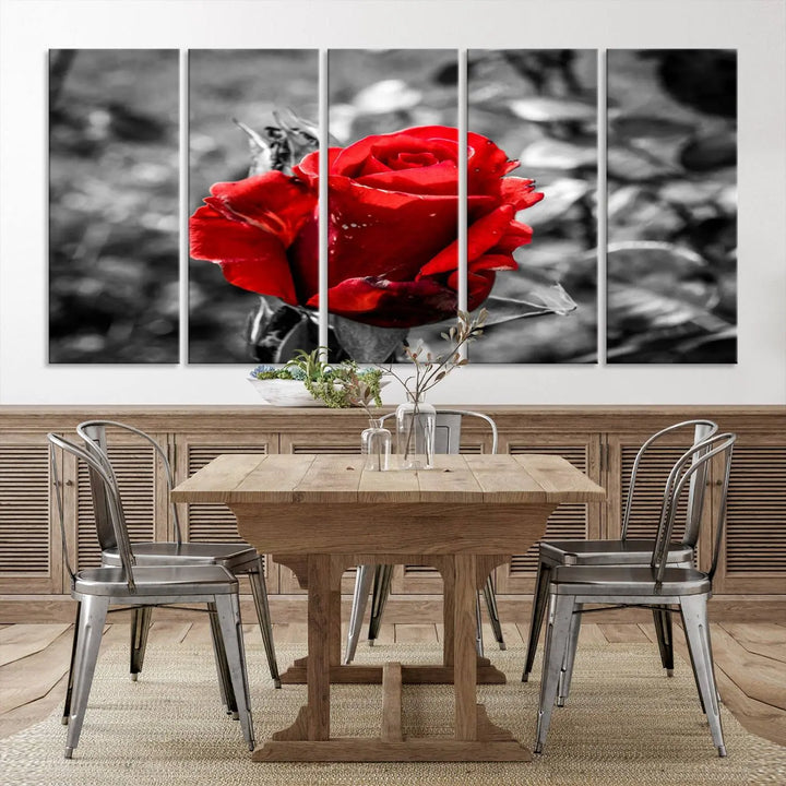 The living room boasts the exquisite Rose Canvas Wall Art—a three-panel masterpiece showcasing a red rose against a black and white background. This artwork is created on museum-quality canvas and finished with a UV-protective coating, ensuring lasting vibrancy in every professionally crafted piece.