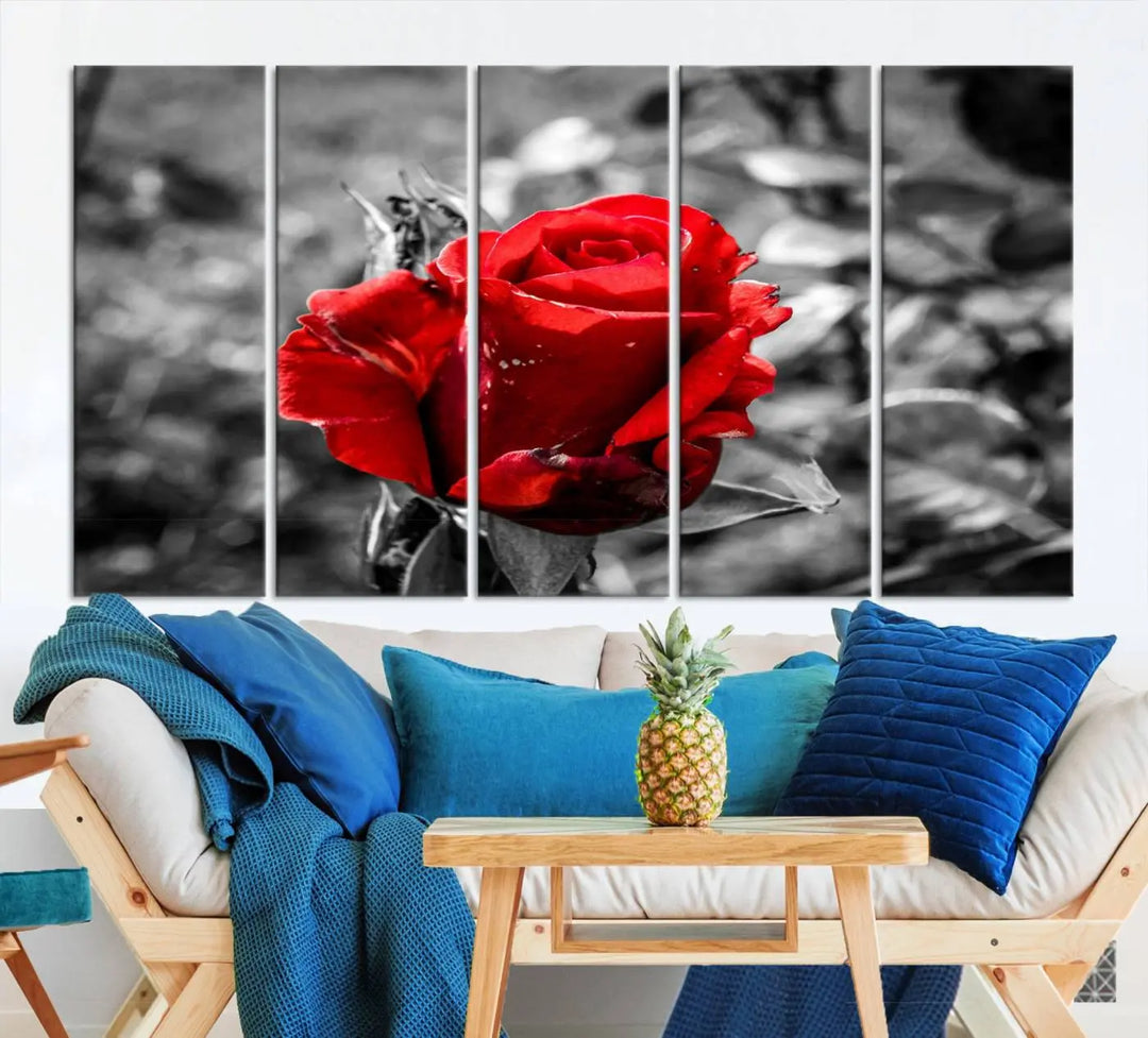 The living room boasts the exquisite Rose Canvas Wall Art—a three-panel masterpiece showcasing a red rose against a black and white background. This artwork is created on museum-quality canvas and finished with a UV-protective coating, ensuring lasting vibrancy in every professionally crafted piece.