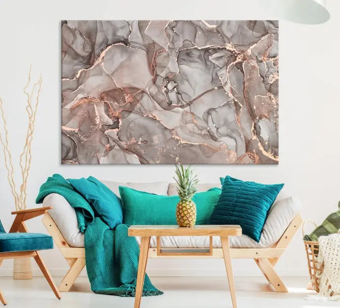 The Rose Gold Marble Fluid Effect Wall Art Abstract Canvas Wall Art Print is an exquisite three-panel creation crafted on museum-quality canvas. It features swirling marbled patterns in shades of gray, copper, and beige. Complete with a UV-protective coating, this ready-to-hang artwork promises to be a timeless addition to any space.