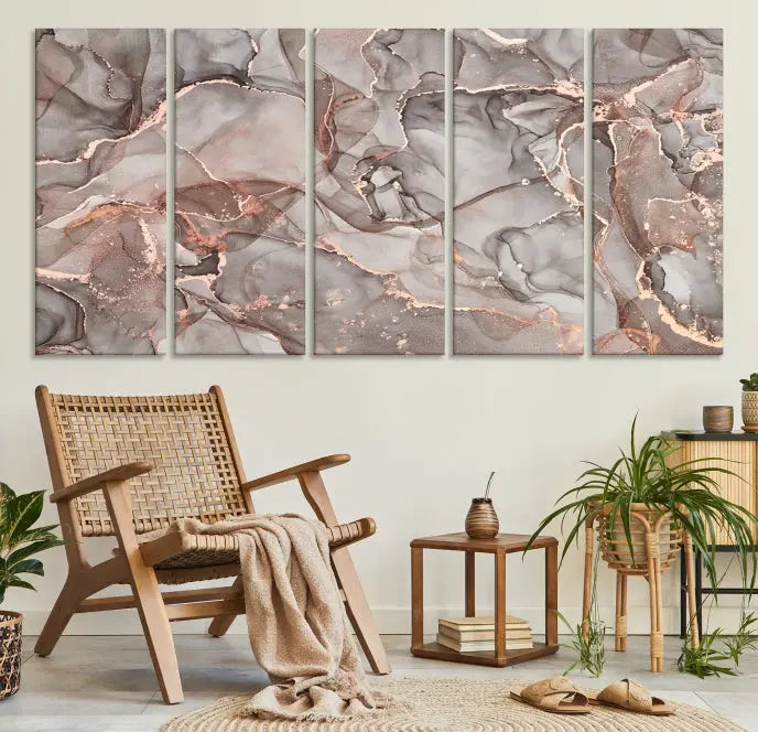 The Rose Gold Marble Fluid Effect Wall Art Abstract Canvas Wall Art Print is an exquisite three-panel creation crafted on museum-quality canvas. It features swirling marbled patterns in shades of gray, copper, and beige. Complete with a UV-protective coating, this ready-to-hang artwork promises to be a timeless addition to any space.