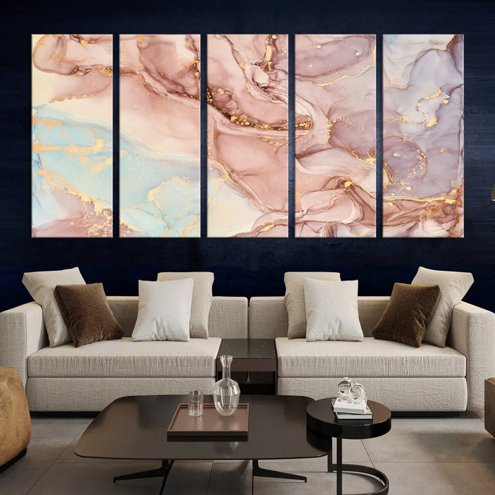 The Rose Gold Marble Fluid Effect Wall Art Abstract Canvas Wall Art Print features stunning pink, blue, and gold streaks to add elegance to your room. Enjoy the museum-quality canvas that resists fading thanks to its UV-protective coating, ensuring lasting beauty.