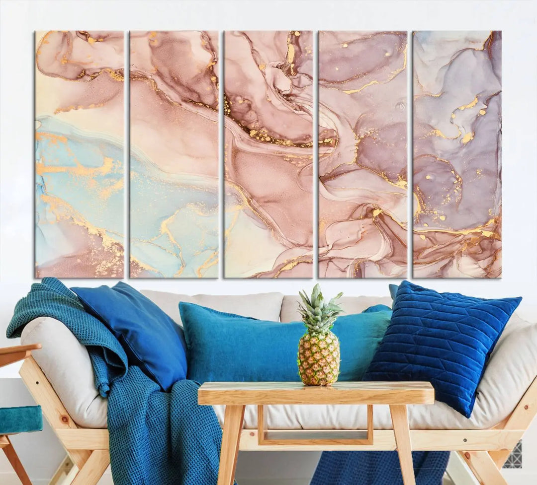 The Rose Gold Marble Fluid Effect Wall Art Abstract Canvas Wall Art Print features stunning pink, blue, and gold streaks to add elegance to your room. Enjoy the museum-quality canvas that resists fading thanks to its UV-protective coating, ensuring lasting beauty.