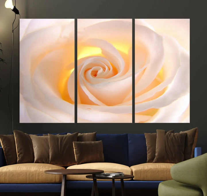 The Rose Wall Art Canvas Print, a triptych featuring a white rose gallery wrapped on museum-quality canvas with UV-protective coating, is displayed prominently.