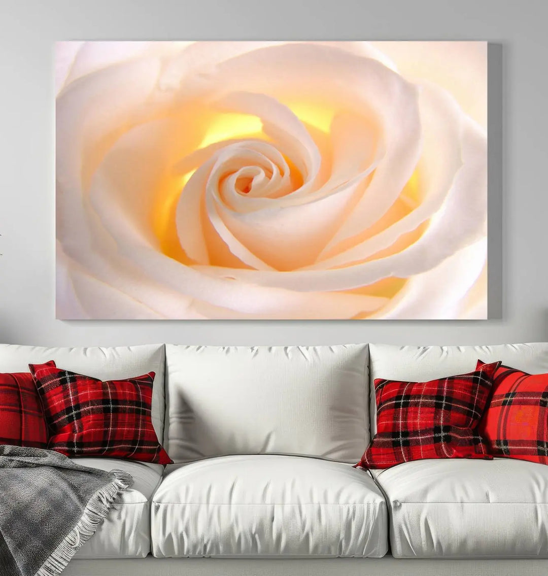 The Rose Wall Art Canvas Print, a triptych featuring a white rose gallery wrapped on museum-quality canvas with UV-protective coating, is displayed prominently.